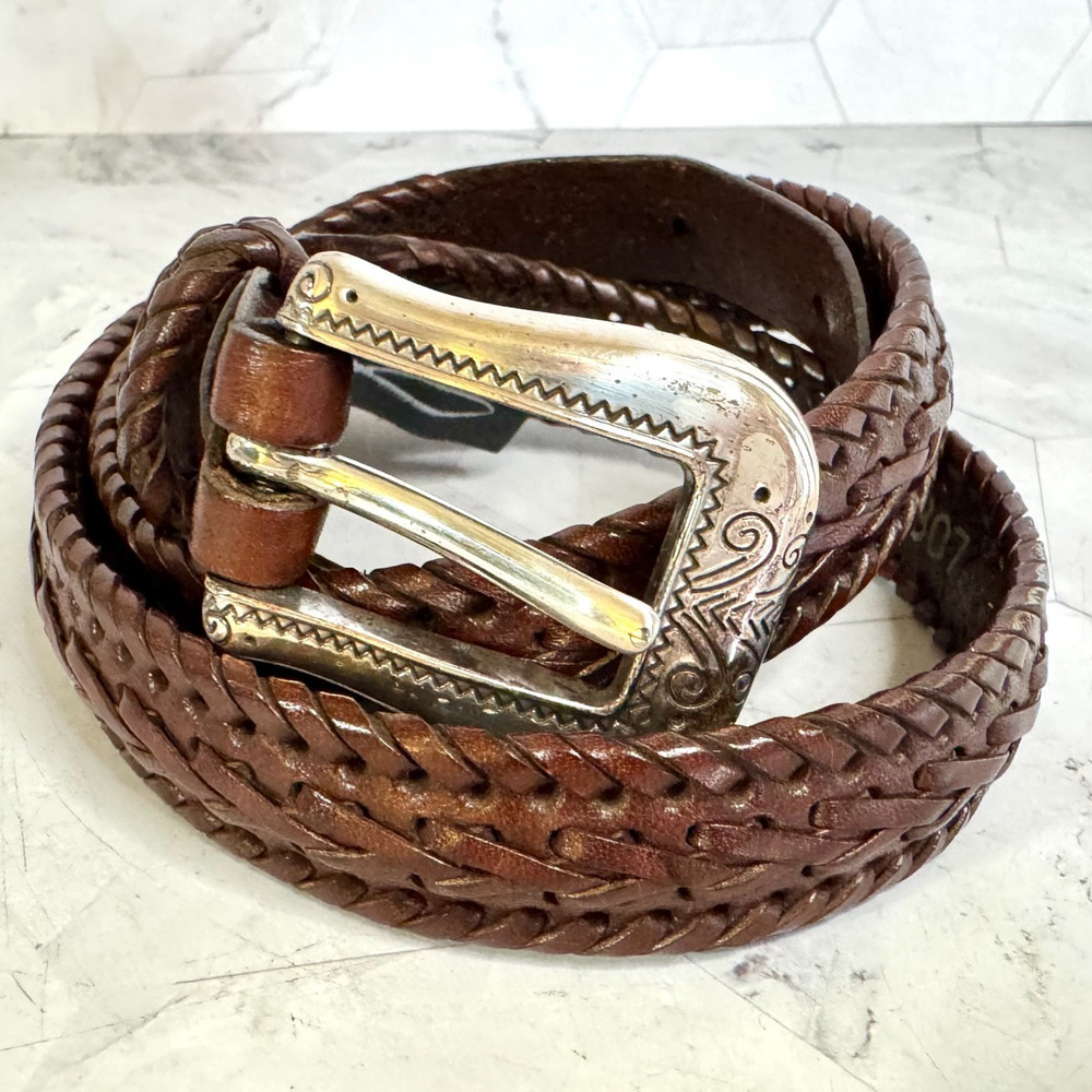 Vtg Brighton Belt Womens Size M Braided Brown Silver Tone Ornate Buckle Q3307